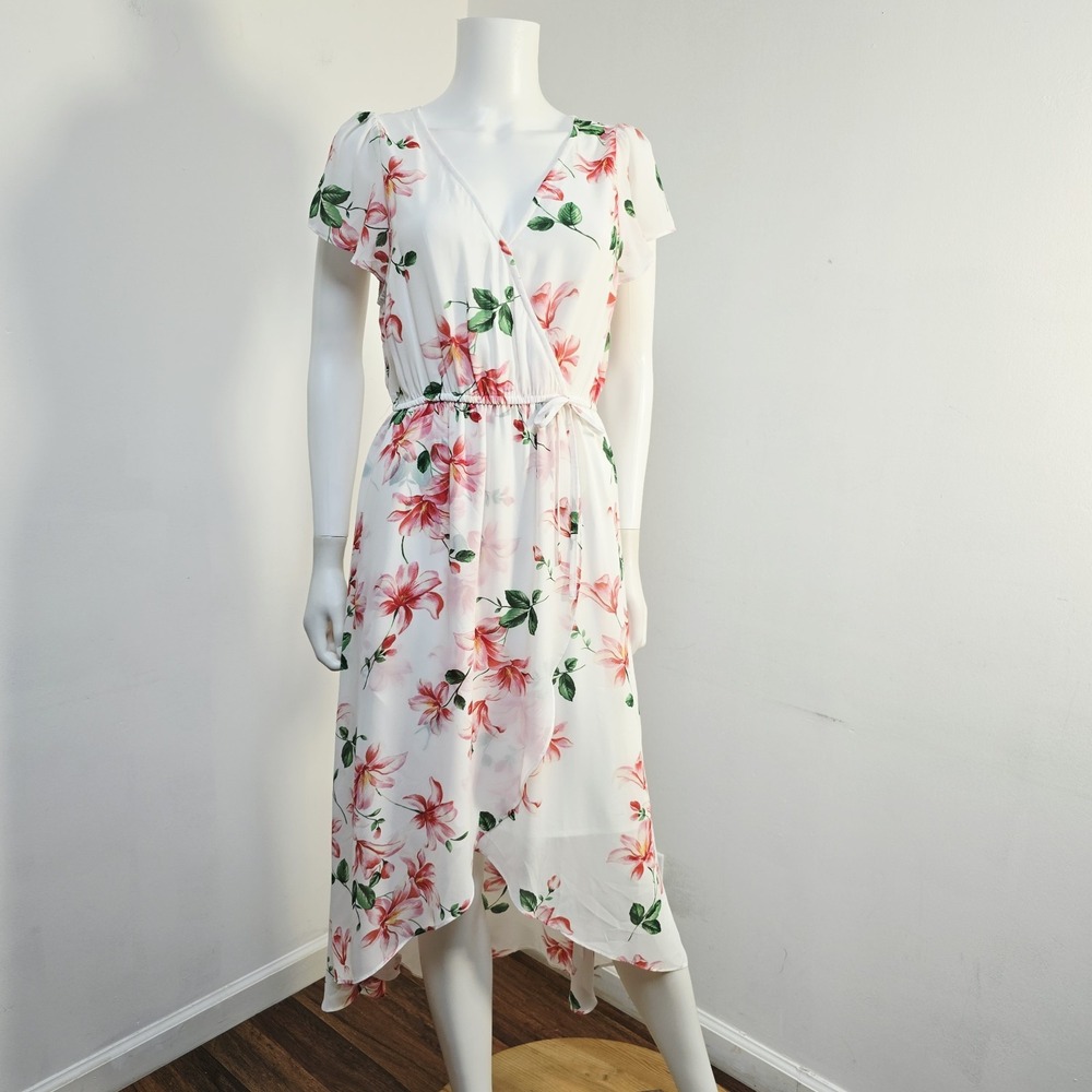 Jun & Ivy Floral Wrap Midi Dress Size L Francescas Flutter Sleeve Layered NWT
